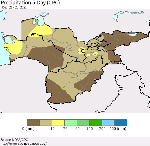 Central Asia Precipitation 5-Day (CPC) Thematic Map For 12/21/2021 - 12/25/2021