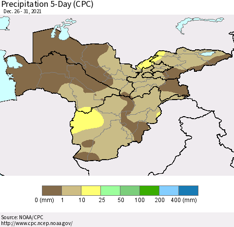 Central Asia Precipitation 5-Day (CPC) Thematic Map For 12/26/2021 - 12/31/2021
