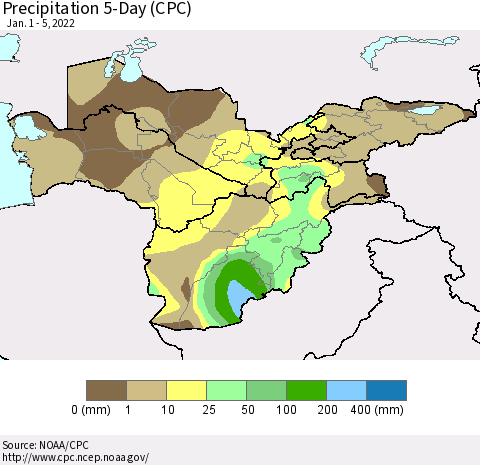 Central Asia Precipitation 5-Day (CPC) Thematic Map For 1/1/2022 - 1/5/2022