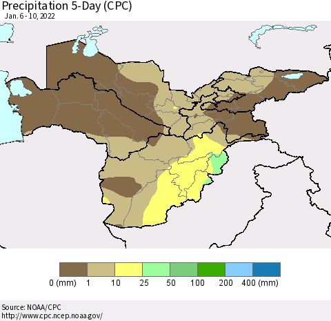 Central Asia Precipitation 5-Day (CPC) Thematic Map For 1/6/2022 - 1/10/2022