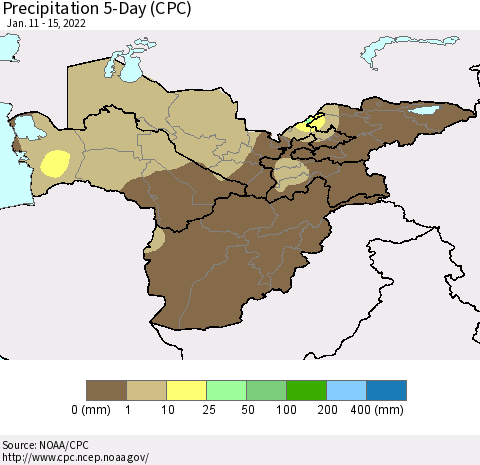 Central Asia Precipitation 5-Day (CPC) Thematic Map For 1/11/2022 - 1/15/2022