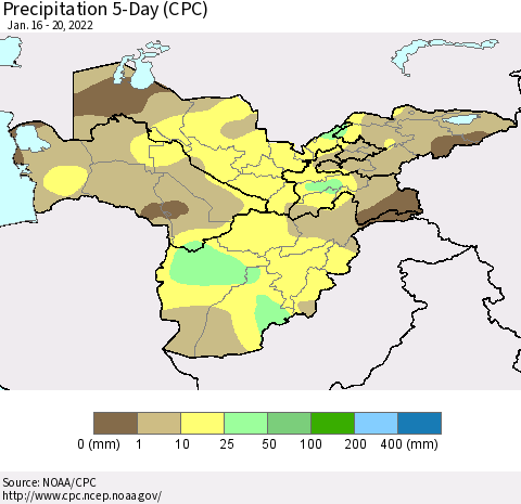 Central Asia Precipitation 5-Day (CPC) Thematic Map For 1/16/2022 - 1/20/2022