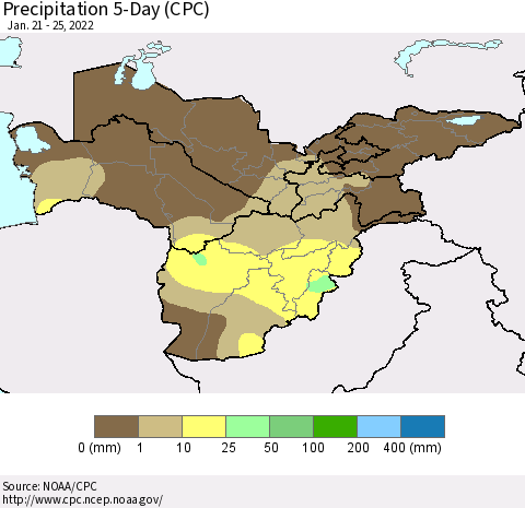 Central Asia Precipitation 5-Day (CPC) Thematic Map For 1/21/2022 - 1/25/2022