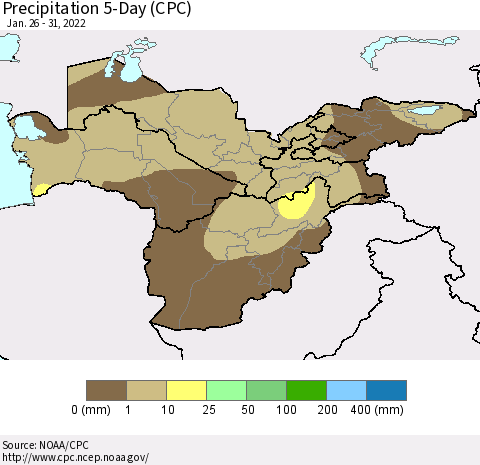 Central Asia Precipitation 5-Day (CPC) Thematic Map For 1/26/2022 - 1/31/2022