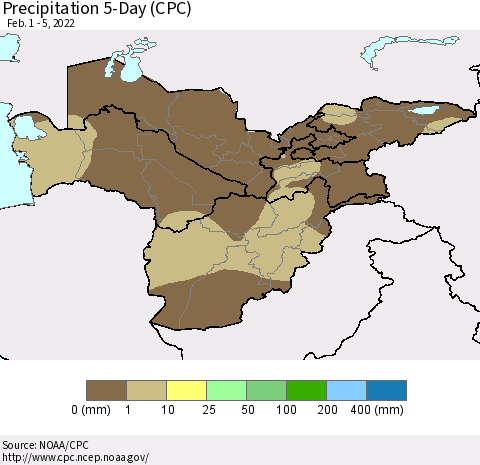 Central Asia Precipitation 5-Day (CPC) Thematic Map For 2/1/2022 - 2/5/2022
