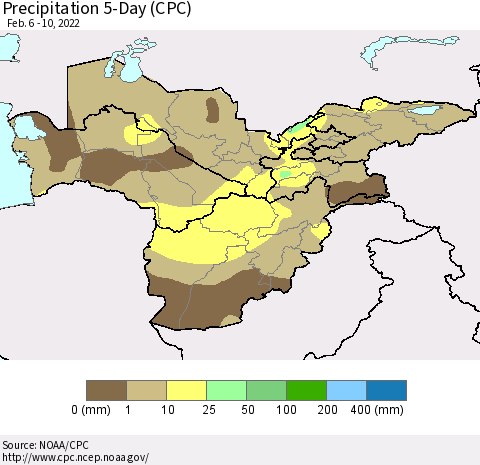 Central Asia Precipitation 5-Day (CPC) Thematic Map For 2/6/2022 - 2/10/2022