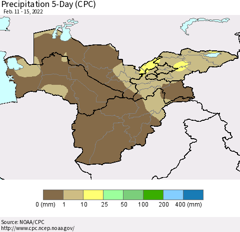 Central Asia Precipitation 5-Day (CPC) Thematic Map For 2/11/2022 - 2/15/2022