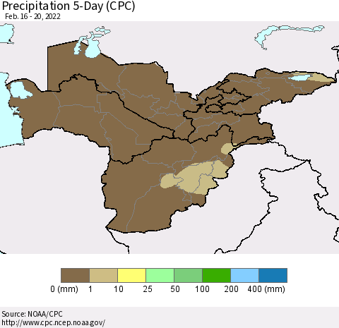Central Asia Precipitation 5-Day (CPC) Thematic Map For 2/16/2022 - 2/20/2022