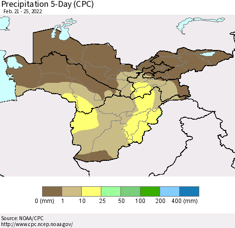 Central Asia Precipitation 5-Day (CPC) Thematic Map For 2/21/2022 - 2/25/2022