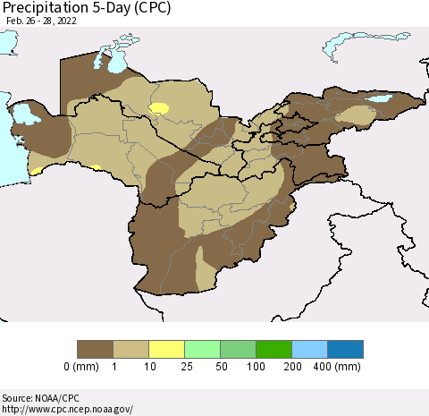 Central Asia Precipitation 5-Day (CPC) Thematic Map For 2/26/2022 - 2/28/2022