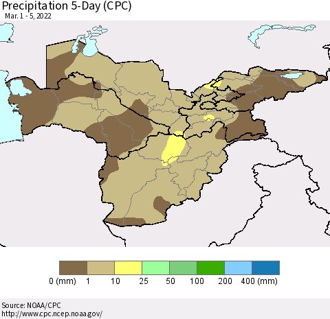 Central Asia Precipitation 5-Day (CPC) Thematic Map For 3/1/2022 - 3/5/2022