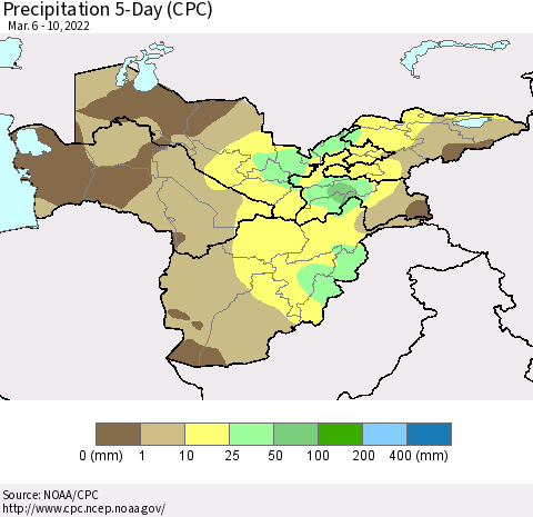 Central Asia Precipitation 5-Day (CPC) Thematic Map For 3/6/2022 - 3/10/2022