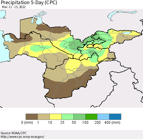 Central Asia Precipitation 5-Day (CPC) Thematic Map For 3/11/2022 - 3/15/2022