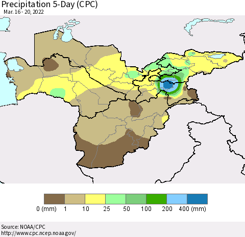 Central Asia Precipitation 5-Day (CPC) Thematic Map For 3/16/2022 - 3/20/2022