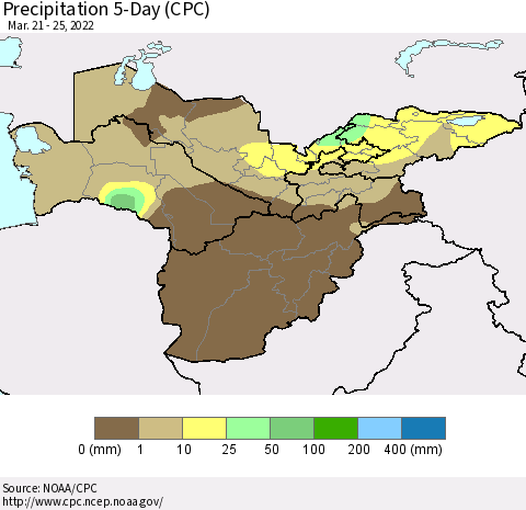 Central Asia Precipitation 5-Day (CPC) Thematic Map For 3/21/2022 - 3/25/2022