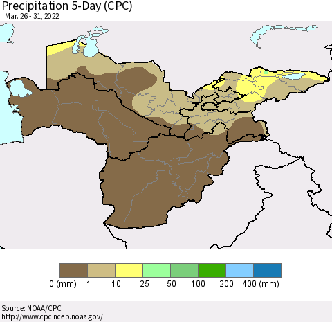 Central Asia Precipitation 5-Day (CPC) Thematic Map For 3/26/2022 - 3/31/2022