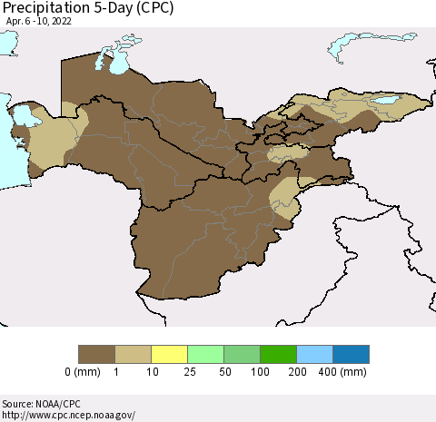 Central Asia Precipitation 5-Day (CPC) Thematic Map For 4/6/2022 - 4/10/2022