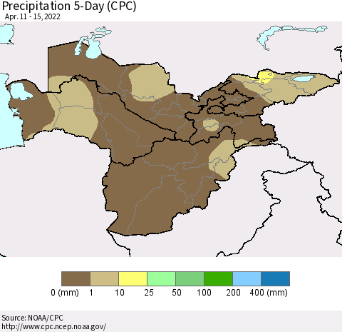 Central Asia Precipitation 5-Day (CPC) Thematic Map For 4/11/2022 - 4/15/2022