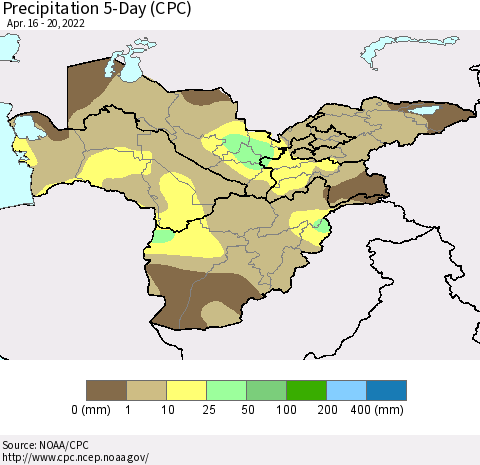 Central Asia Precipitation 5-Day (CPC) Thematic Map For 4/16/2022 - 4/20/2022