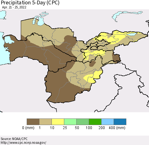 Central Asia Precipitation 5-Day (CPC) Thematic Map For 4/21/2022 - 4/25/2022