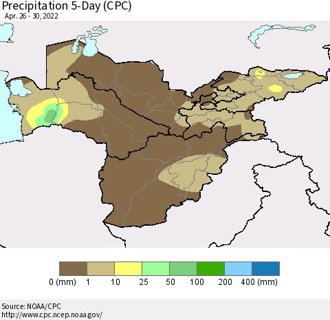 Central Asia Precipitation 5-Day (CPC) Thematic Map For 4/26/2022 - 4/30/2022
