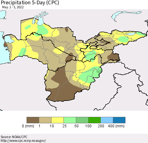 Central Asia Precipitation 5-Day (CPC) Thematic Map For 5/1/2022 - 5/5/2022
