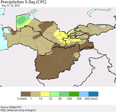 Central Asia Precipitation 5-Day (CPC) Thematic Map For 5/6/2022 - 5/10/2022