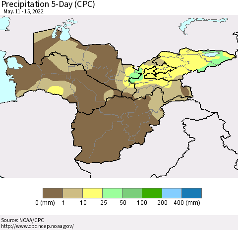 Central Asia Precipitation 5-Day (CPC) Thematic Map For 5/11/2022 - 5/15/2022