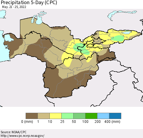 Central Asia Precipitation 5-Day (CPC) Thematic Map For 5/21/2022 - 5/25/2022