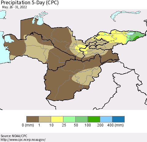 Central Asia Precipitation 5-Day (CPC) Thematic Map For 5/26/2022 - 5/31/2022