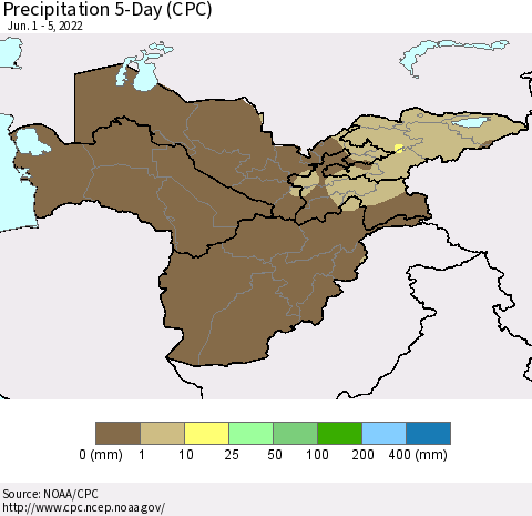 Central Asia Precipitation 5-Day (CPC) Thematic Map For 6/1/2022 - 6/5/2022