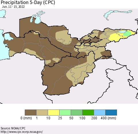 Central Asia Precipitation 5-Day (CPC) Thematic Map For 6/11/2022 - 6/15/2022