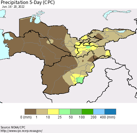 Central Asia Precipitation 5-Day (CPC) Thematic Map For 6/16/2022 - 6/20/2022