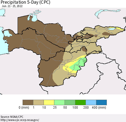 Central Asia Precipitation 5-Day (CPC) Thematic Map For 6/21/2022 - 6/25/2022