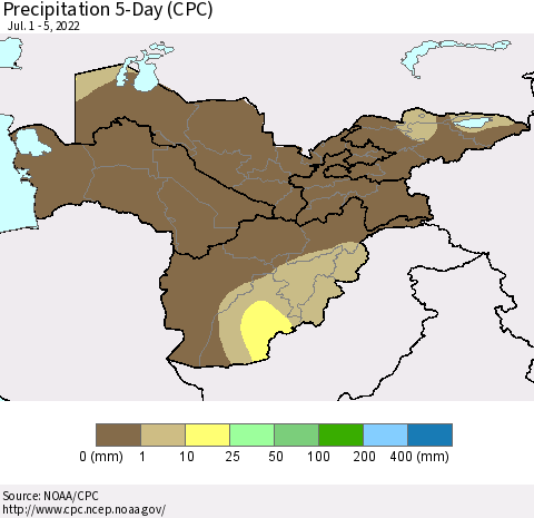 Central Asia Precipitation 5-Day (CPC) Thematic Map For 7/1/2022 - 7/5/2022