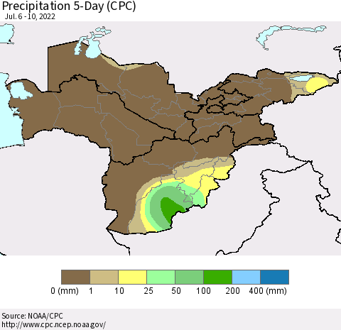 Central Asia Precipitation 5-Day (CPC) Thematic Map For 7/6/2022 - 7/10/2022