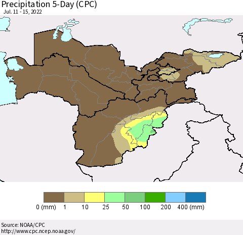 Central Asia Precipitation 5-Day (CPC) Thematic Map For 7/11/2022 - 7/15/2022