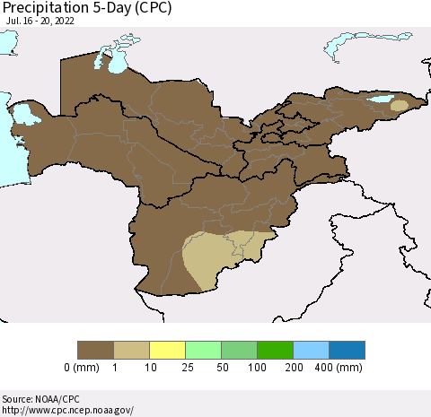 Central Asia Precipitation 5-Day (CPC) Thematic Map For 7/16/2022 - 7/20/2022