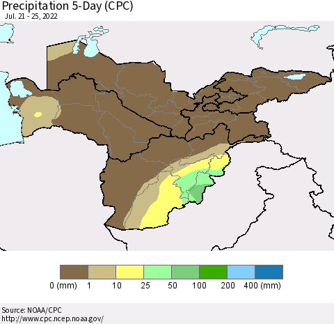 Central Asia Precipitation 5-Day (CPC) Thematic Map For 7/21/2022 - 7/25/2022