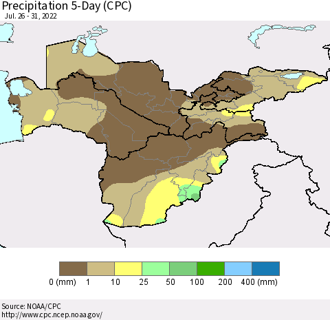 Central Asia Precipitation 5-Day (CPC) Thematic Map For 7/26/2022 - 7/31/2022