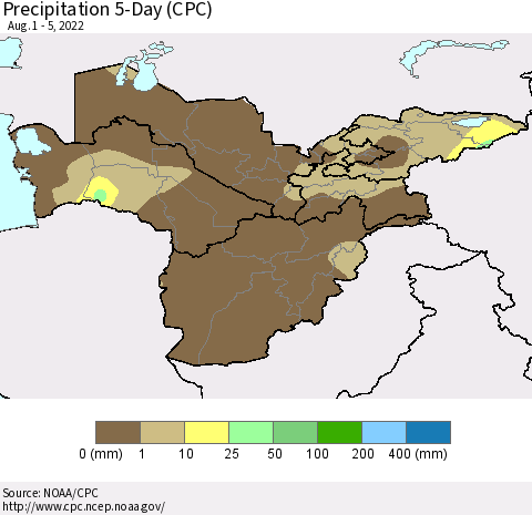 Central Asia Precipitation 5-Day (CPC) Thematic Map For 8/1/2022 - 8/5/2022