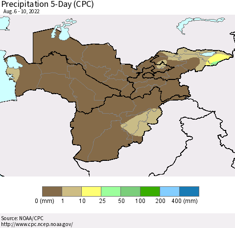 Central Asia Precipitation 5-Day (CPC) Thematic Map For 8/6/2022 - 8/10/2022