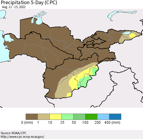 Central Asia Precipitation 5-Day (CPC) Thematic Map For 8/11/2022 - 8/15/2022