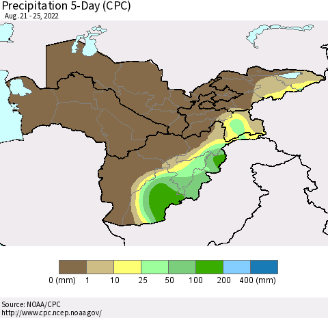 Central Asia Precipitation 5-Day (CPC) Thematic Map For 8/21/2022 - 8/25/2022