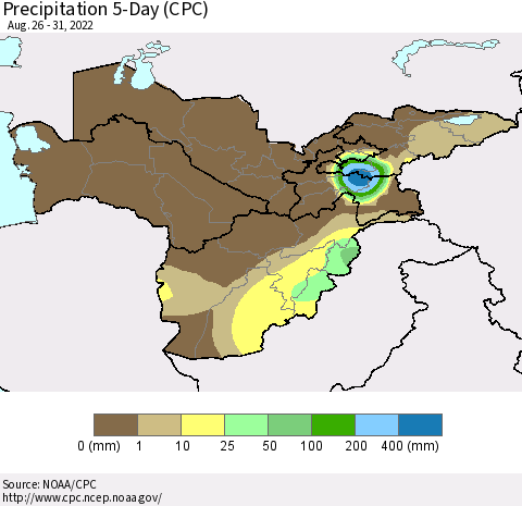 Central Asia Precipitation 5-Day (CPC) Thematic Map For 8/26/2022 - 8/31/2022