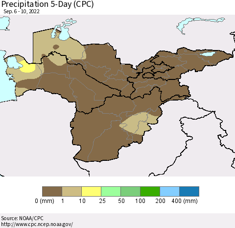 Central Asia Precipitation 5-Day (CPC) Thematic Map For 9/6/2022 - 9/10/2022