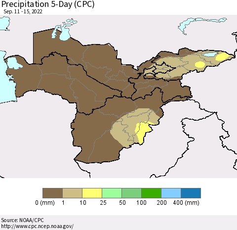 Central Asia Precipitation 5-Day (CPC) Thematic Map For 9/11/2022 - 9/15/2022