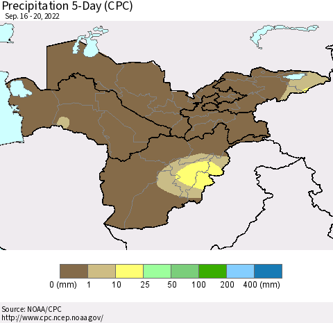 Central Asia Precipitation 5-Day (CPC) Thematic Map For 9/16/2022 - 9/20/2022