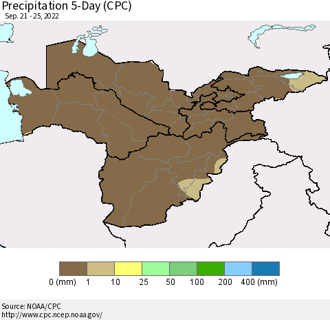 Central Asia Precipitation 5-Day (CPC) Thematic Map For 9/21/2022 - 9/25/2022