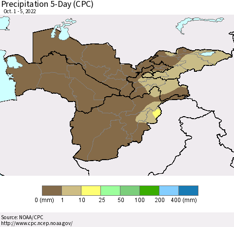 Central Asia Precipitation 5-Day (CPC) Thematic Map For 10/1/2022 - 10/5/2022